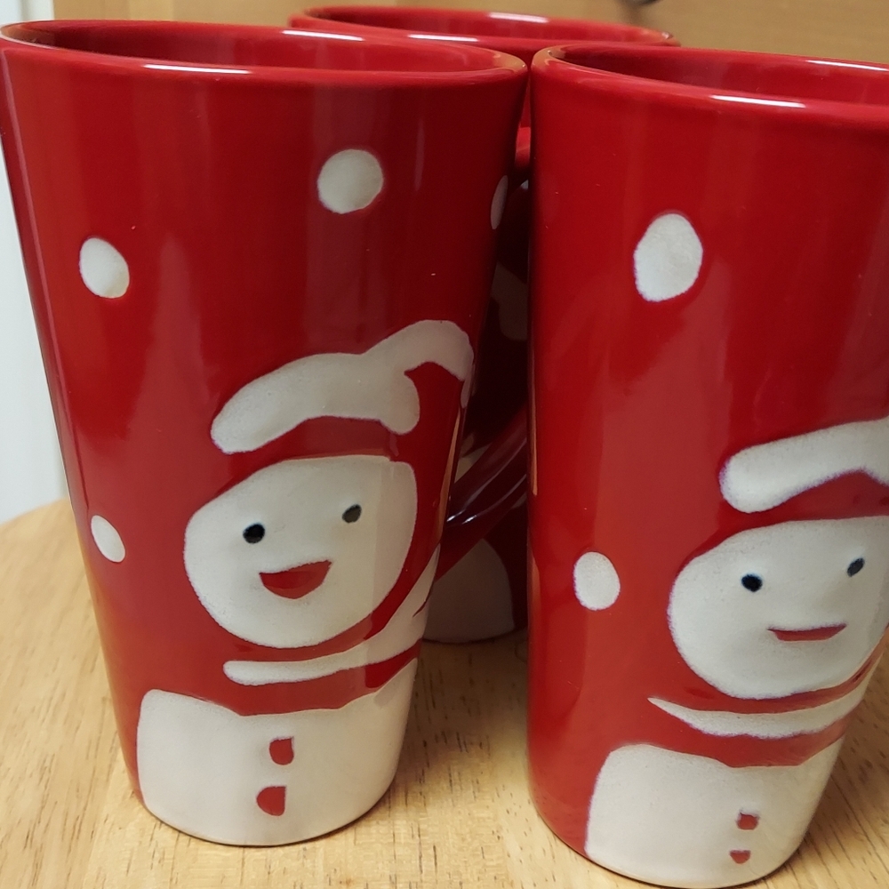 Pier 1 Hand Painted Red/White Snowman & Snowballs 16 Oz. Cocoa/Coffee/Tea Mug